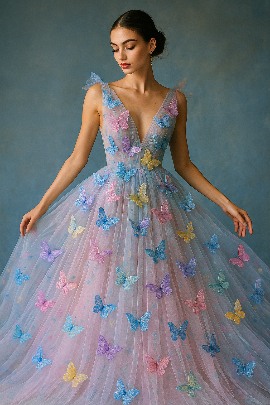 Woman in butterfly embroidered maxi dress - third view